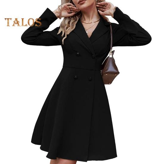 Fall Winter Women Jacket Double-breasted A-line Slim Fit Turn-down Collar Tight Waist Pure Color Formal Business Office Dress Long Sleeve Commuting