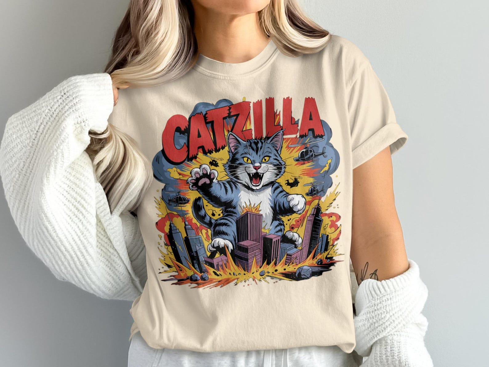 Comfort Colors Catzilla T-Shirt, Cat Lover Gift, Funny Cat Shirt, Catzilla Graphic Tee, Kaiju Cat T-Shirt, Unique Cat Art, Cat Gift S