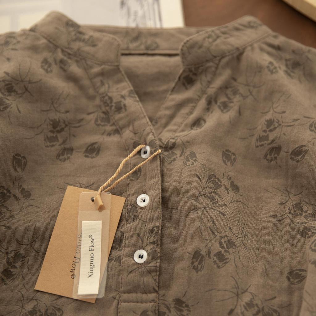 Chemise en Coton et Lin à Manches Longues et Décolleté en V Florale Gorge d'Hiver – Style Printanier Élégant pour Femme