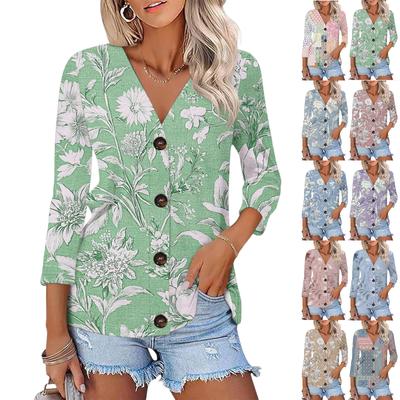 Damen Casual Mode Floral bedruckt Knopf 3/4 Ärmel Strickjacke Top