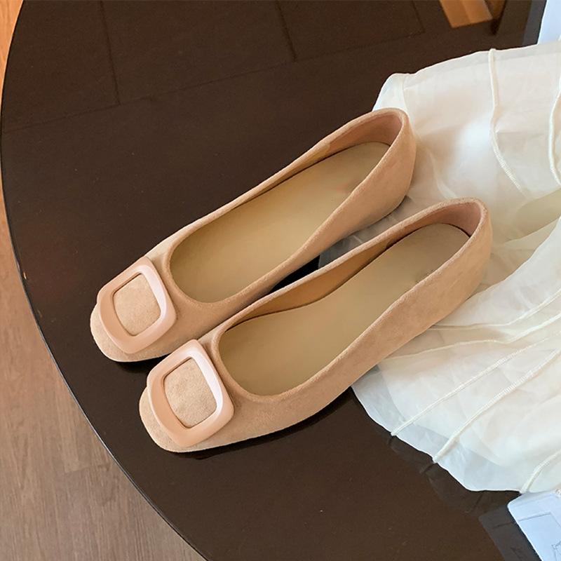 2025 Autumn New Temperament Round Head Square Buckle Shallow Mouth Suede Commuting Versatile Flat Sole Shoes Women's Spring and Autumn