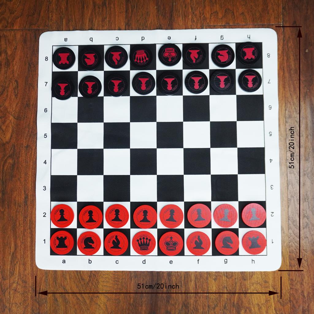 Giant 51Cm X 51Cm/20" X 20" Flat Chess Solid Wood Large Set, Chess Pieces Solid Wood,Rollable Faux Leather Chess Board, Storage