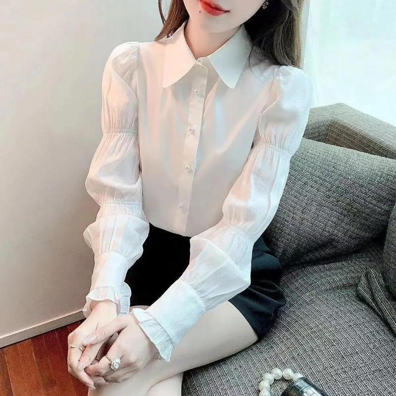 Summer Women White Puff Sleeve Ruffle Cuff Button Up Collared Blouse S белый