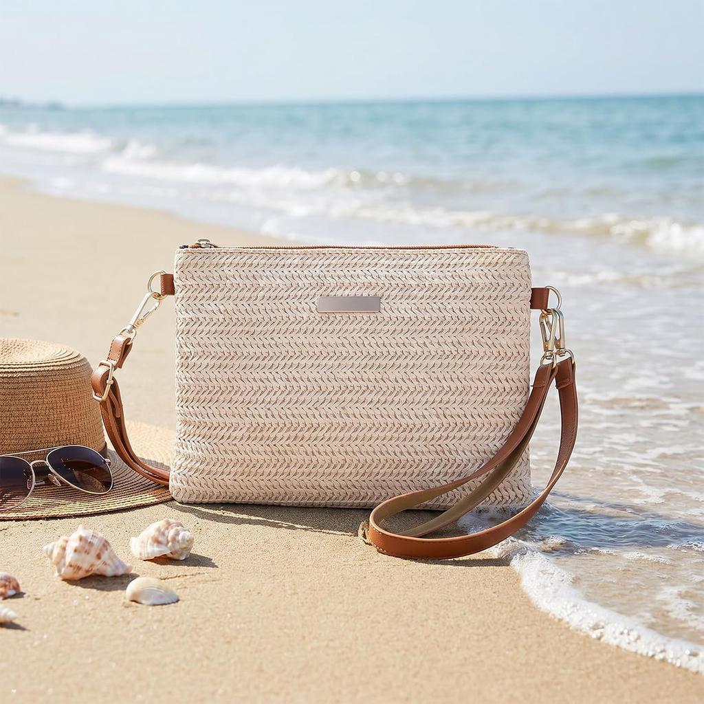 Straw Shoulder Bag for Women, Summer Woven Crossbody Purse | Zipper Closure Beach Clutch Handbag with Leather Strap, Adjustable Strap 29-53 Inch for