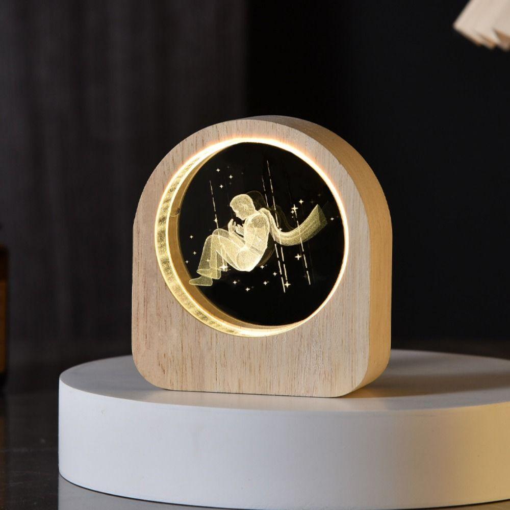 Warm Lights 3D Engraved Lamp Wooden Base Plug and Play Wood Crystal Night Light Decorative Laser Engraved