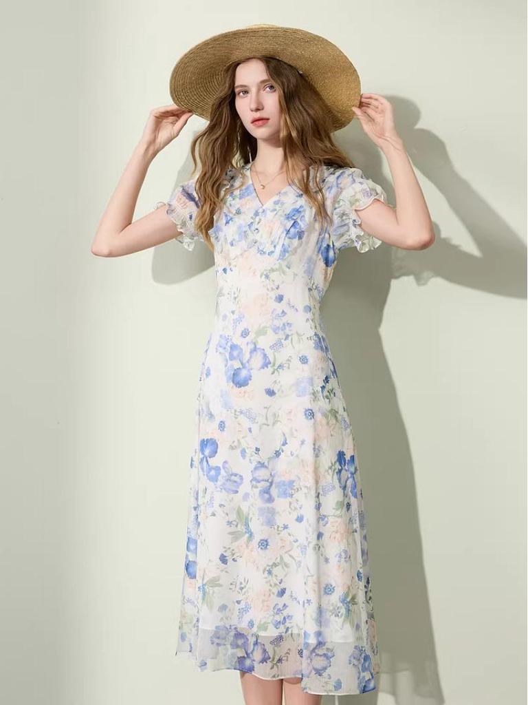 2026 Summer French Floral Mid-Length Blue Skirt - Romantic & Fashionable