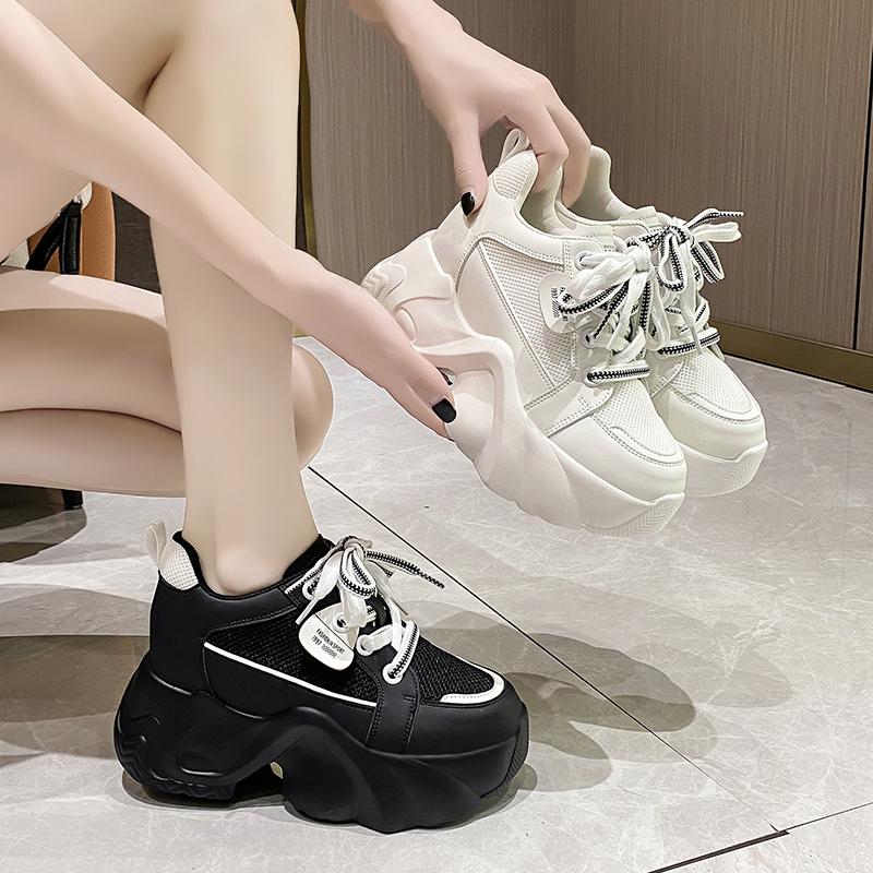 Fashion Women Walking Sneakers New Autumn Lace-up High Platform Chunky Shoes Breathable Mesh Shoes 9CM Wedge Heels Casual Shoes