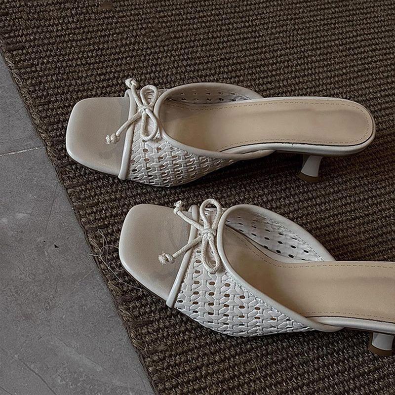 New Style of Woven Shoes with Hollowed-out One-shoulder Square Toe High Heels