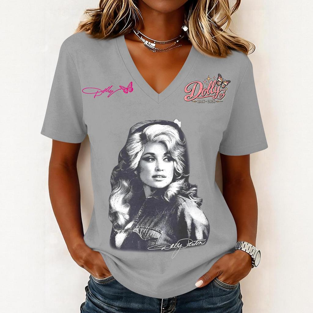 Women's Casual Letter Print V-Neck Short Sleeve Pullover Top