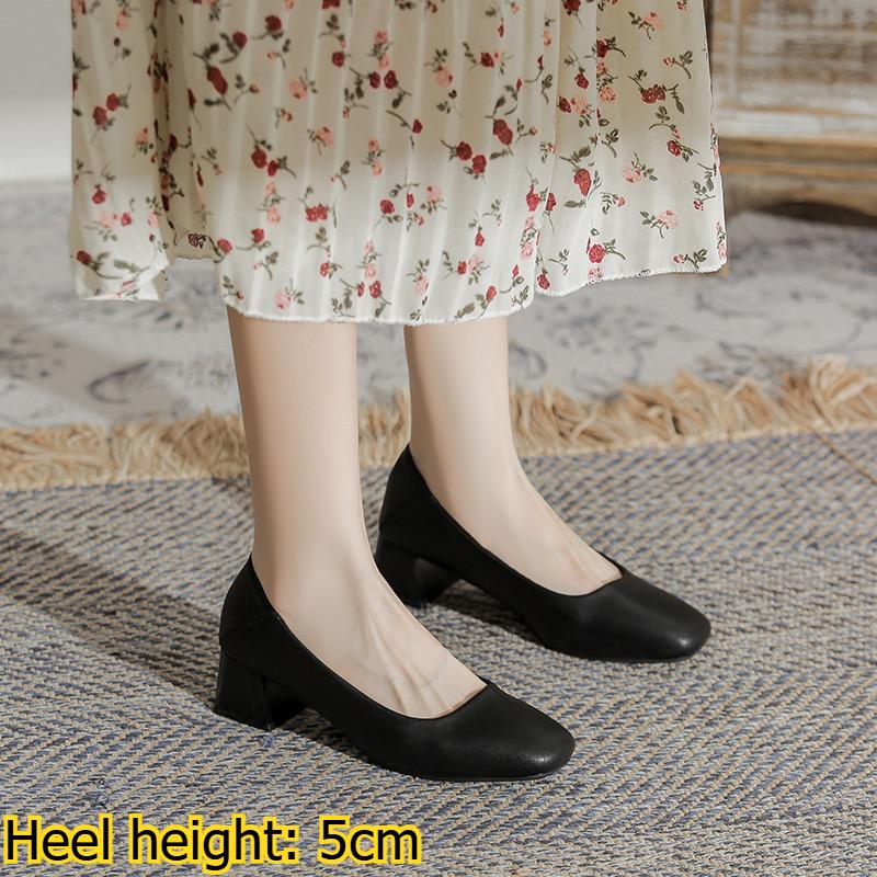 Women's Genuine Leather French-style Flats, Low-cut, Square-toe, Chunky Heel, Black, Versatile Work Shoes/commuter Shoes