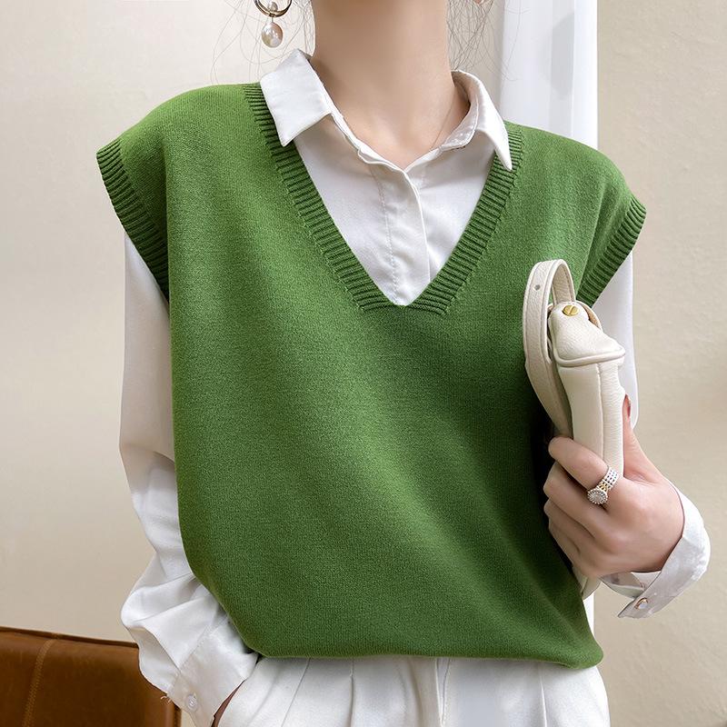 VEZFAA Women's Fashion Casual Fall Winter Solid Color Print Sleeveless V-Neck Sweaters