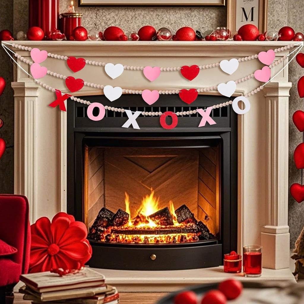 3 Pcs Valentine's Day Garland Heart XOXO Garland for Valentine's Day Mantle Decor Hanging Felt Hearts XOXO Letter Wood Bead Banner for Fireplace