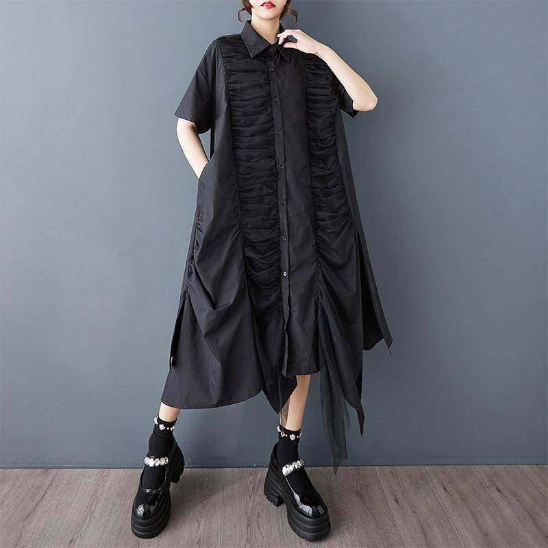 Vestido camisero largo holgado informal de verano de manga corta y talla grande de malla de algodón vintage nuevo para mujer