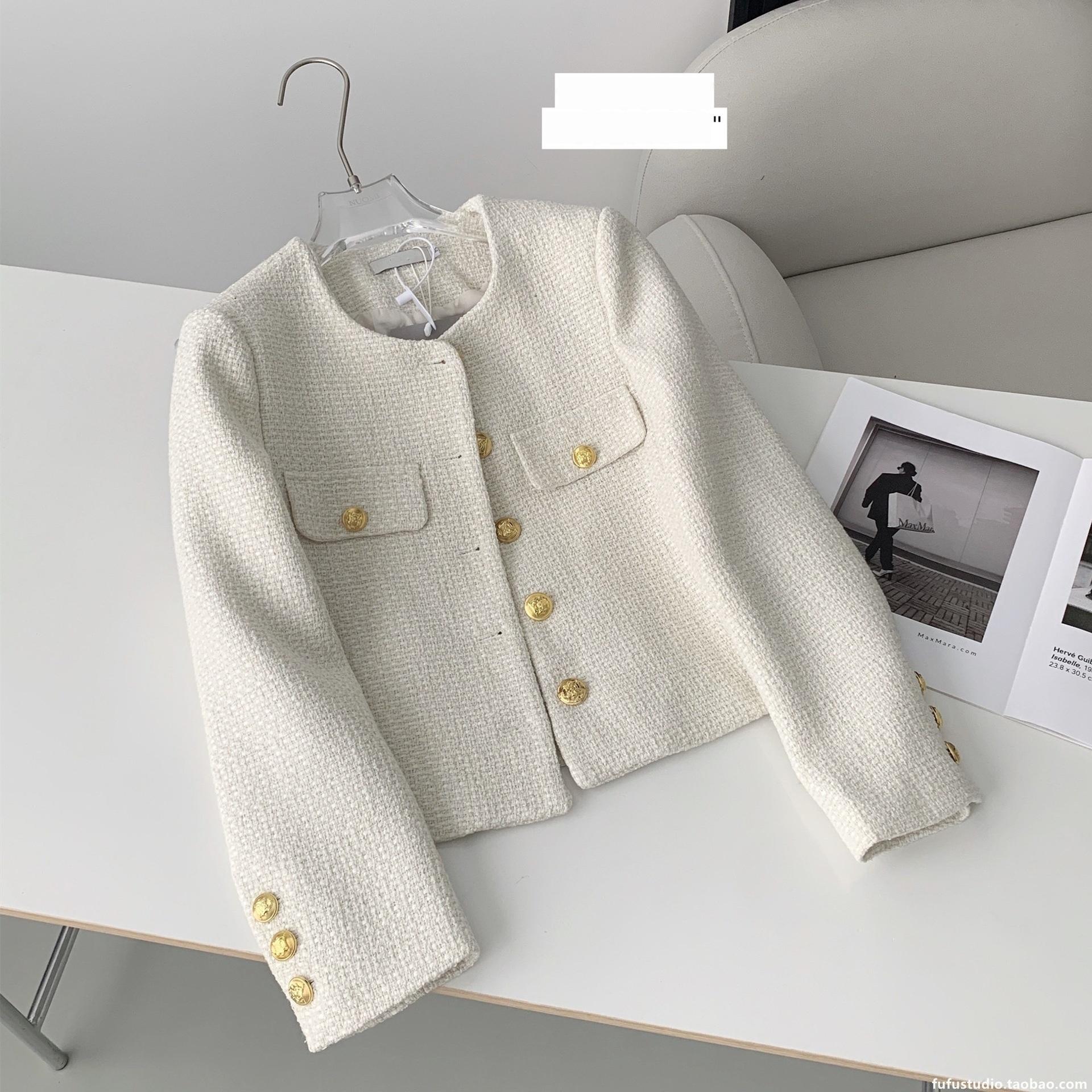 

Женская мода весна куртка с карманом-клапаном однобортный круглый вырез твид короткие пальто XS белый