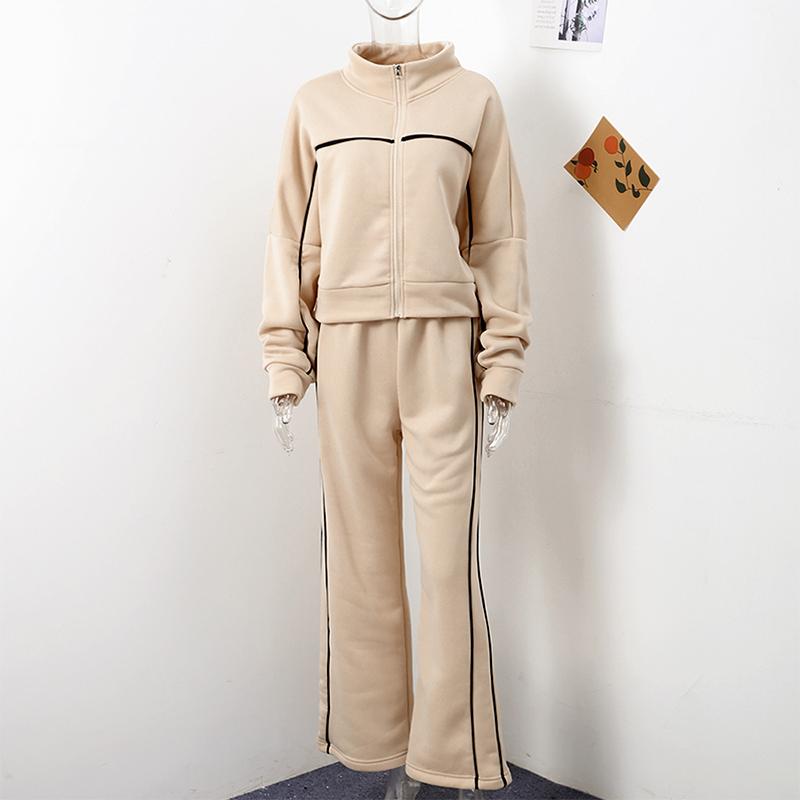 New Casual Set Women Longsleeved Half High Collar Cardigan Sweater Lace Up Striped Pants Women Clothing Fashion Two Piece Suits