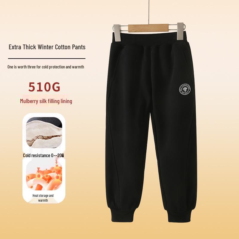 2024 Boys' Fleece-Lined Thick Cotton Winter Pants for Middle and Big Kids - Sports Style