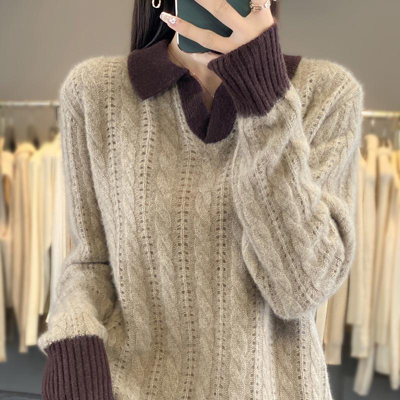 Women's V-Neck Color Block Wool Sweater - Autumn/Winter 2024, Thick Cable Knit, Short Sleeve
