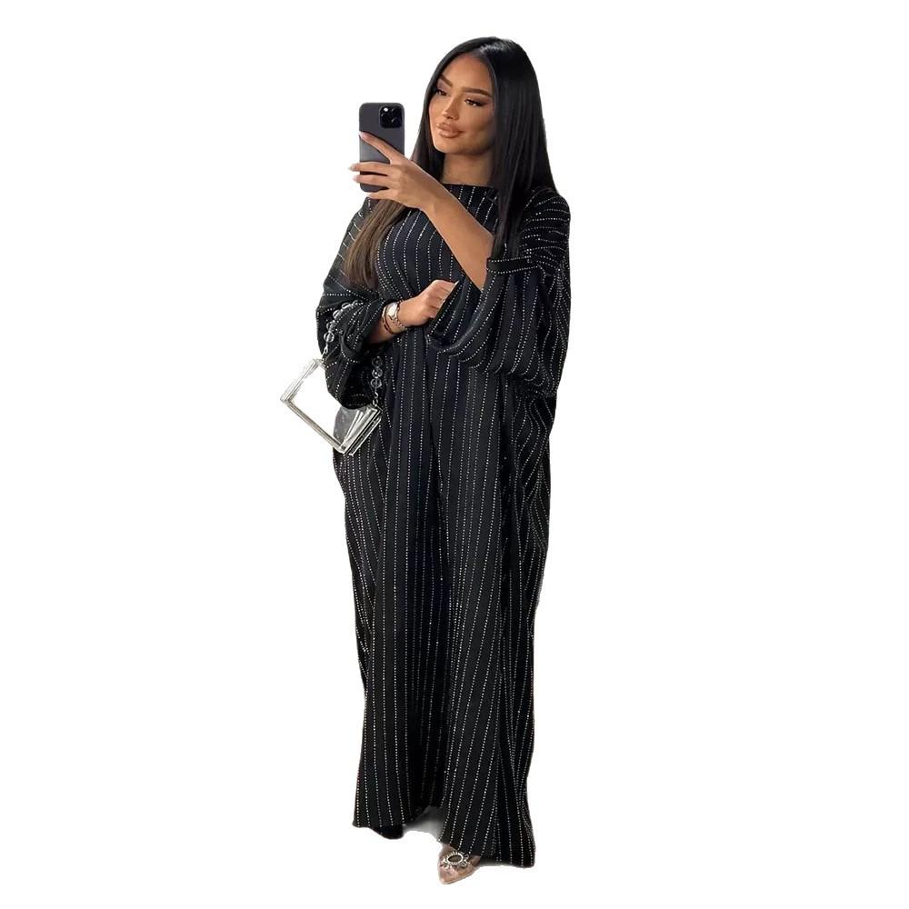 F479 Rhinestone Loose Long Dress with Striped Batwing Sleeves - Fashionable Women's Outerwear