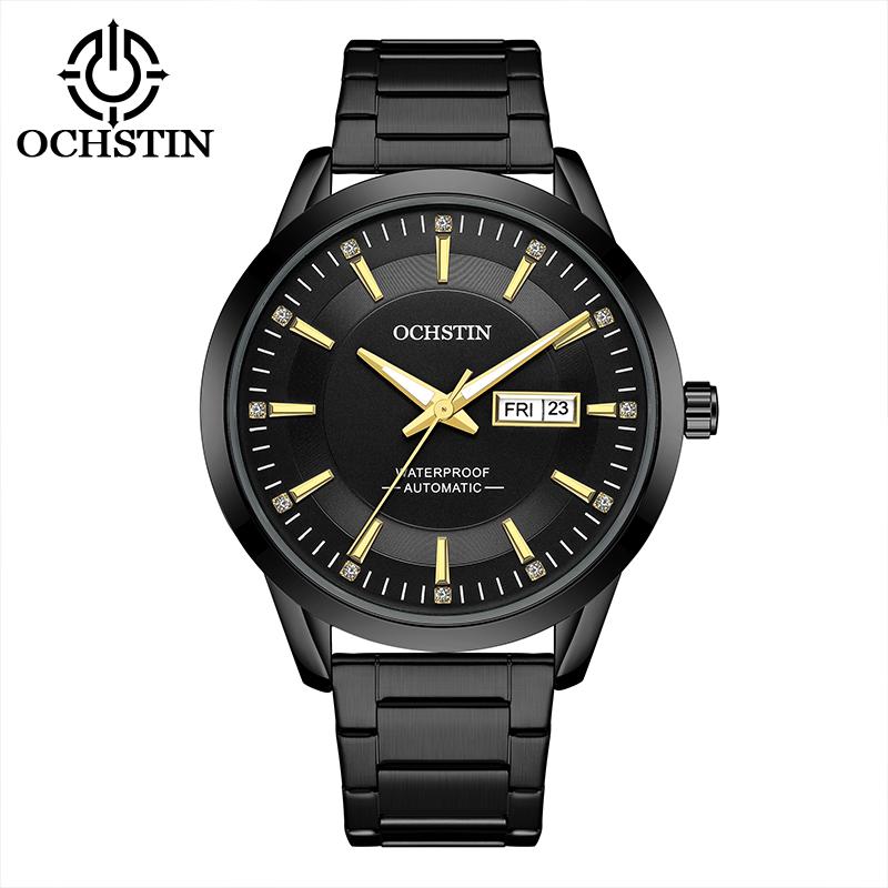 OCHSTIN Men Watch Self-Wind Mechanical Date Day Calendar Luminous Dial Transparent Back Stainless Steel Band Male Business Dress