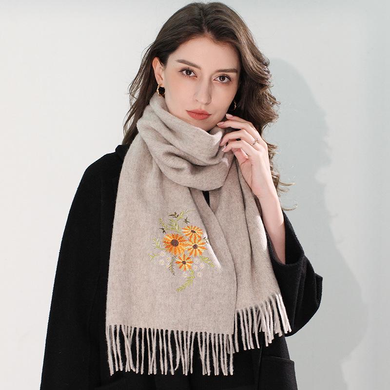30Cm Woolen Embroidered Pure Wool Scarf, Autumn and Winter Versatile Shawl Thickened To Keep Warm