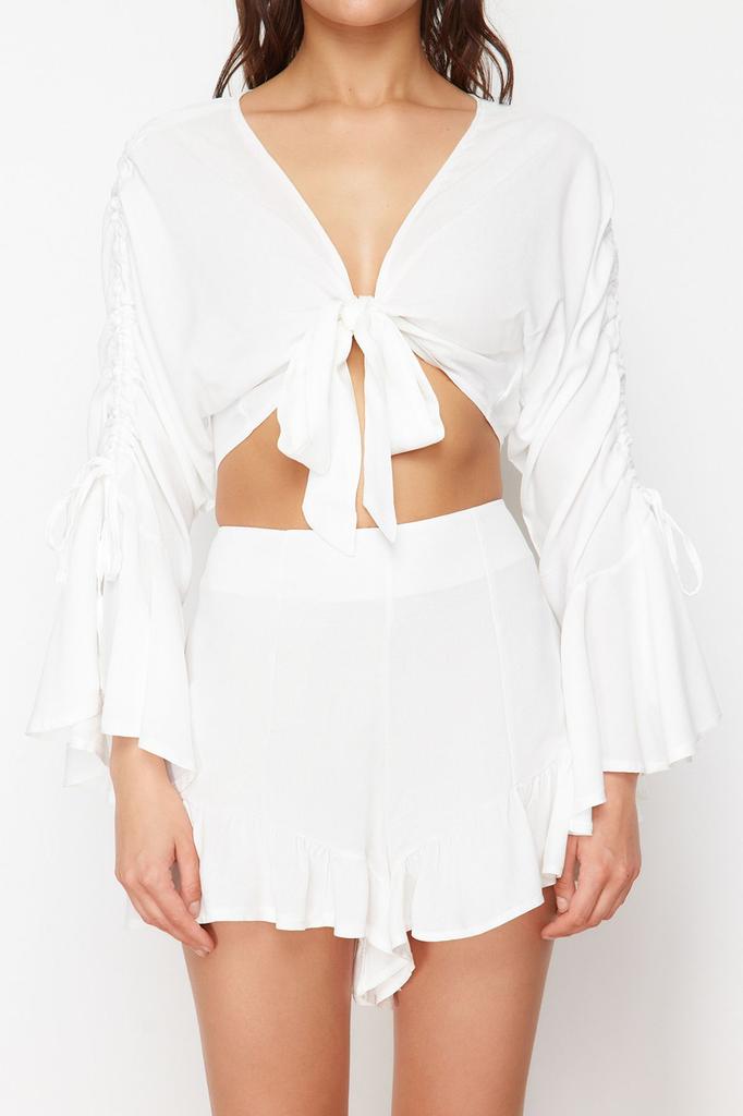 Damenmode Neues Oberteil-Unterteil-Set Schwarz Gewebte Rüschenbluse Shorts Set