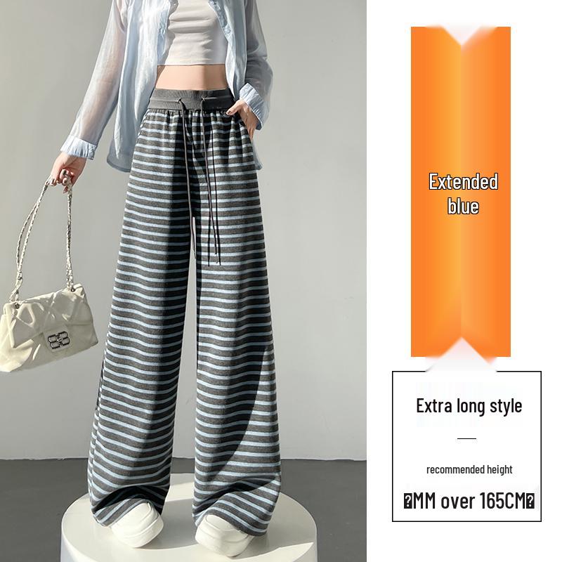 

Women s Black & Gray Striped Wide-Leg Pants: 2025 Spring High-Waisted, Elastic Drawstring, Draped Casual Floor-Length Style Double Extra Large