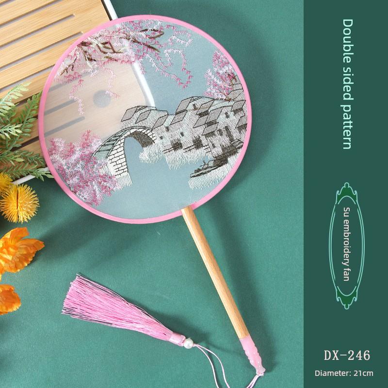 Antique Embroidery Circular Fan Chinese Style Cheongsam Fan Women's Double-Sided Embroidered Transparent round Long Handle Ancient Chinese Clothing