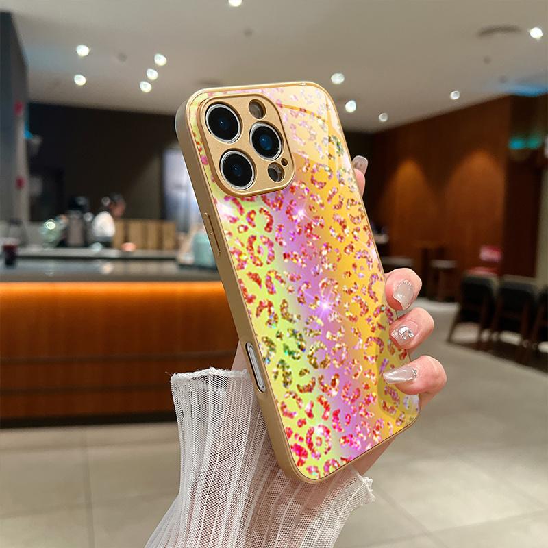 Premium electroplated glass phone case for iPhone 17, 16, 15, 14, 13, 12, 11pm Pro Plus. Iridescent leopard print gold.