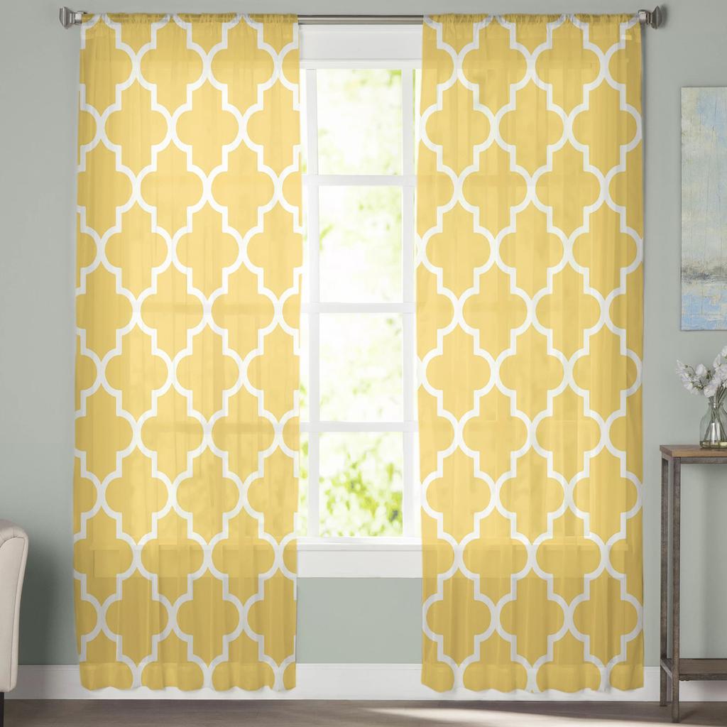 Geometric Yellow White Curtain Window Tulle For Living Room Bedroom The Kitchen Window Treatment Decorations Curtains