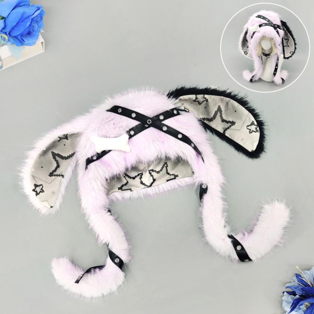 Punk Style Bunny Ear Hat Y2K Streetwear Star Print Ears New Design Faux Fur Hat