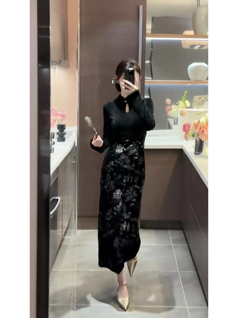 Black Velvet Cheongsam Dress for Women - Young, Trendy Autumn/Winter Style