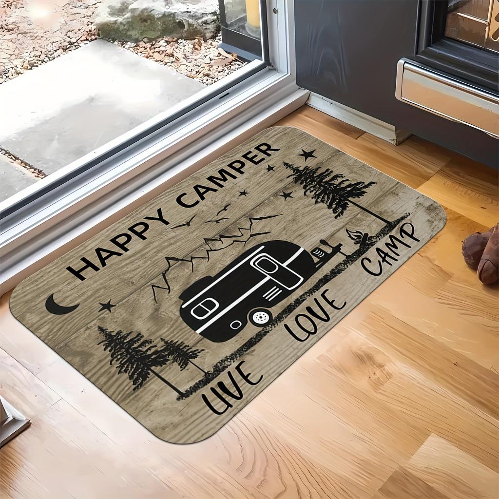 1 pc, Happy Camper RV Camping Welcome Mat Rug - Machine Washable - Perfect for Decorating Living Room, Bedroom, Kitchen