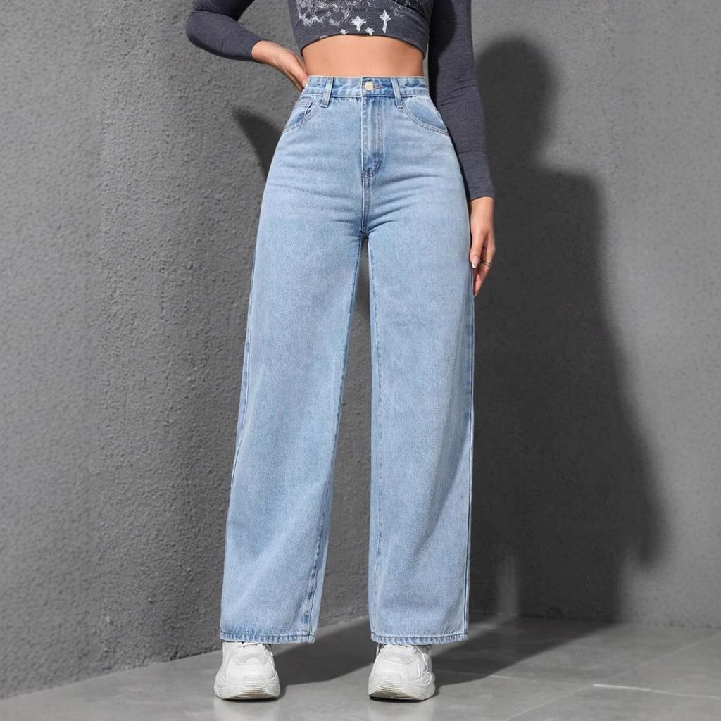 Women Loose Wide Leg Jeans Fashion Women Solid Straight Wash High Elastic Waist Denim Pants Casual Streetwear Pocket Trousers