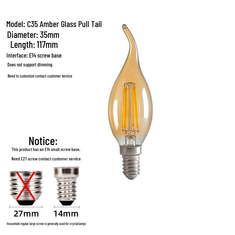 E14 LED Edison Candle Bulb, Warm Light, Flame Tip, C35 Crystal Imitation Tungsten Filament, Retro Super Bright.