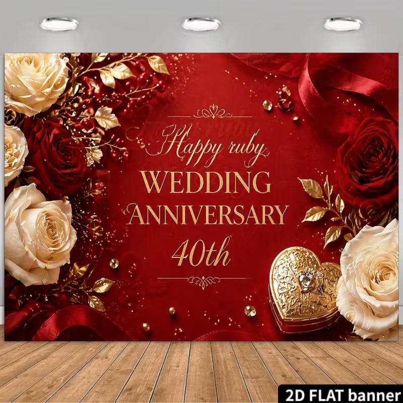 2D 40th Ruby Wedding Backdrop Gold Heart Box Photo Booth Background 47.2x31.5inch/120*80cm