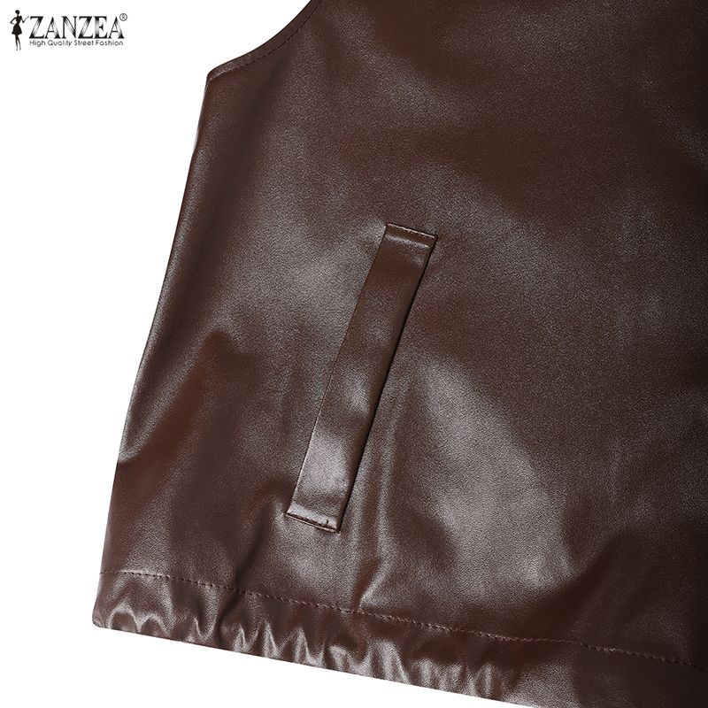 ZANZEA Women Round Neck Sleeveless Faux PU Leather Casual Waistcoat Vest Coats