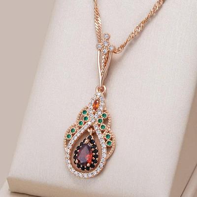 Ethnischer Stil Damen Voll Zirkon Großer Wassertropfen Anhänger Halskette Mode Goldfarbe Vintage Hochzeitsschmuck