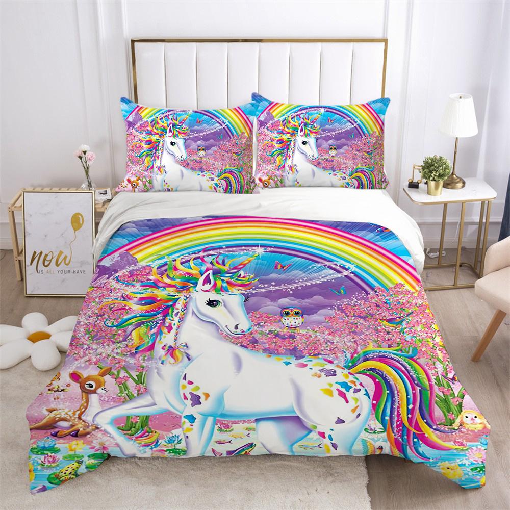 Unicorn Printed Bedding Set King Size Teen Bed Clothes Soft Highend Polyester Fashion Home Bedding Set