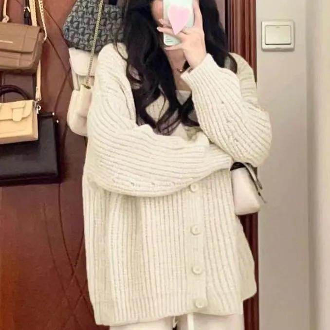 Women Long Sleeve V Neck Knitted Cardigan Sweater Button Up Jumper Coat Female