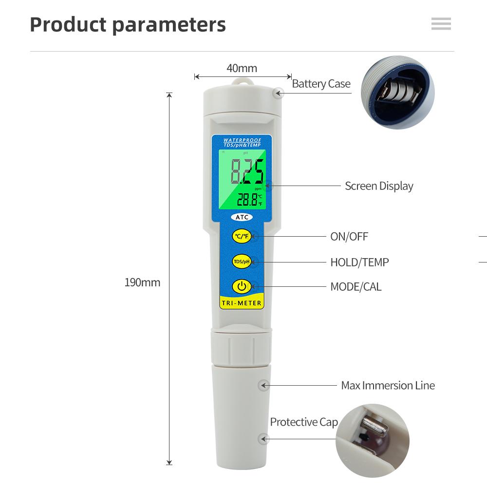Waterproof EC/TEMP/TDS/PH/TEMP Meter Water QualityTester Analyzer LCD for Aquarium Pool 1-14 PH Meter