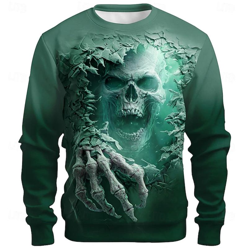 Men's 3D Printed Skull Long-sleeved T-shirt Top Retro Men's Round-neck Street T-shirt Autumn Outdoor Oversized Clothing