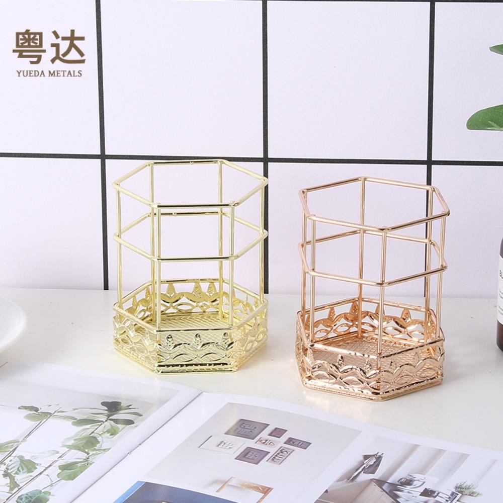 Wrought iron hexagonal pen holder rose gold makeup brush desktop storage ornament