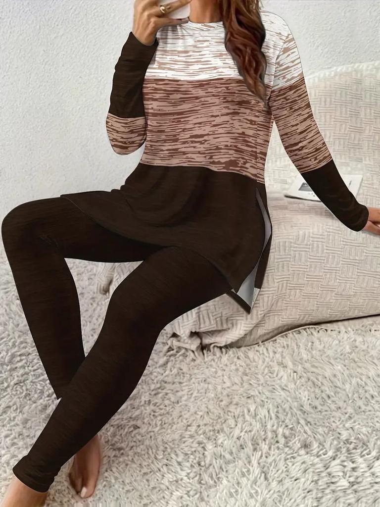 1116 New Casual Fashion Long Sleeve Crew Neck T-Shirt Yoga Pants Set
