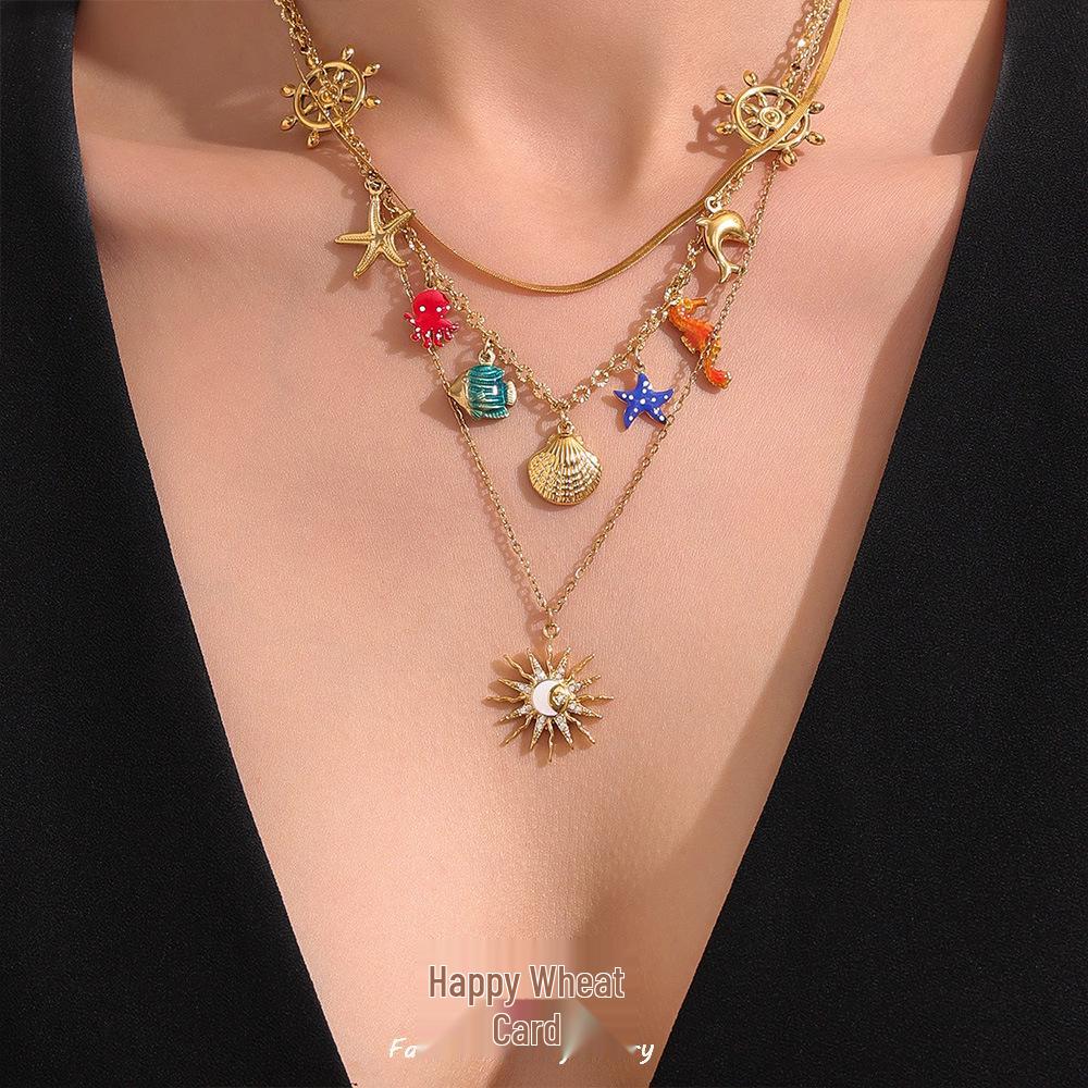 Oumayka Ocean Vacation Style Drip Oil Starfish, Seashell & Seahorse Stainless Steel Necklace