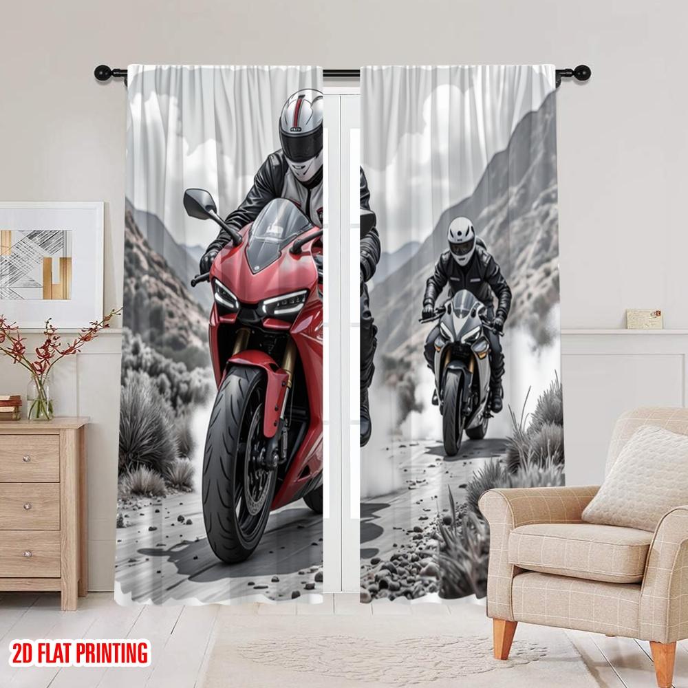 2pcs,2D plane printing Window Curtain Mountain Riders Polyester (without rod) All Seasons Use for Living Room & Office Decor