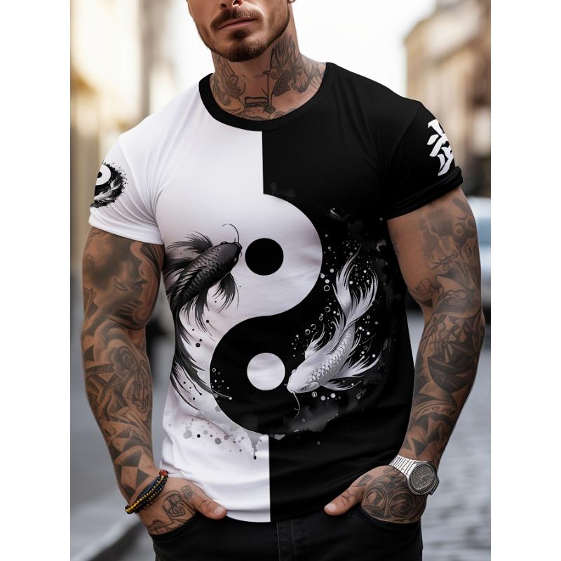 Men's Tai Chi Themed Printed Short Sleeved T-shirt - Casual Round Neck Polyester T-shirt, Slightly Elastic, Fitted with Knitted Fabric
