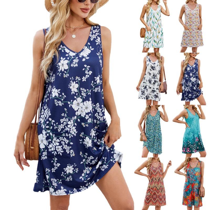 Damen Sommer V-Ausschnitt Ärmellos Floral Westenkleid Taschenkleid