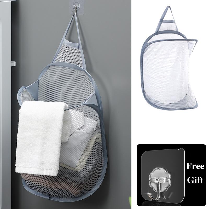Folding Laundry Basket Organizer for Dirty Clothes Bathroom Clothes Mesh Storage Bag Household Wall Hanging Basket Frame Bucket