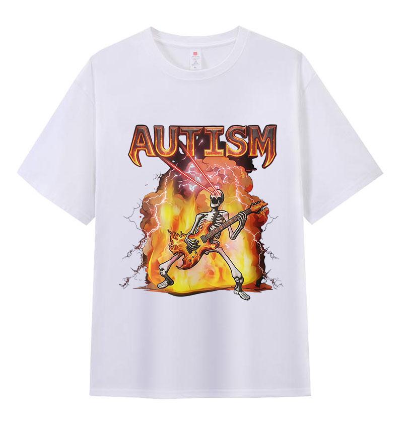 Autism Skeleton Fire Funny Neurodivergent Graphic Tshirt Unisex Women Retro Oversized Tshirts Summer ONeck Short Sleeve T Shirts