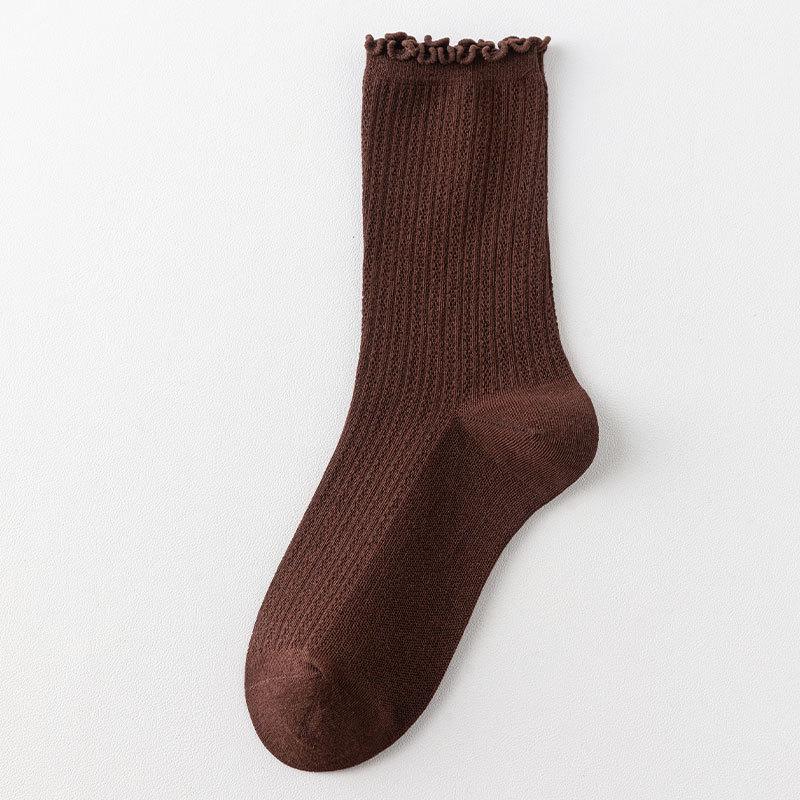 Ladies Spring and Autumn Solid Color Fungus Lace Boneless Medium Tube Pile Cotton Socks